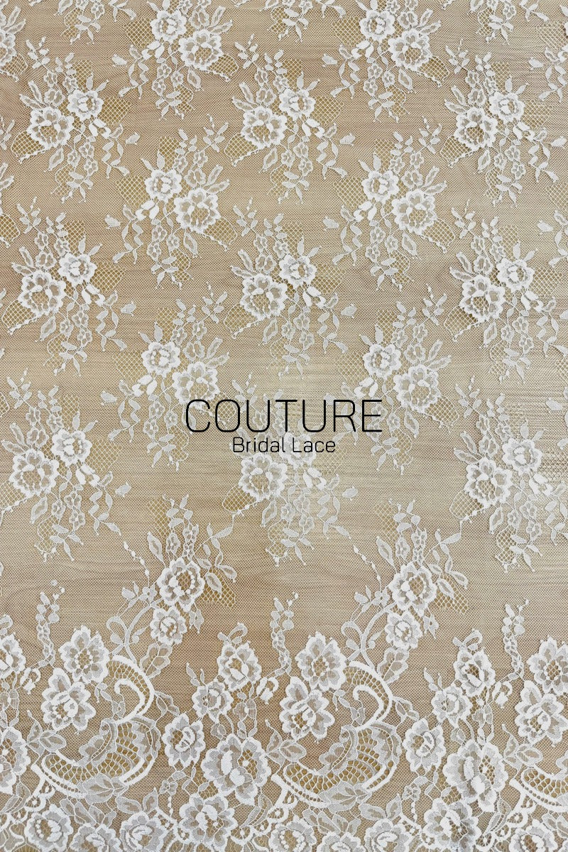 Chantilly Lace: White Scattered Rose Bouquet Clusters with Scrolling Paisley Floral Scalloped Border, 3 Meters