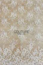 Chantilly Lace: White Scattered Rose Bouquet Clusters with Scrolling Paisley Floral Scalloped Border, 3 Meters