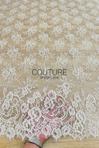 Chantilly Lace: White Scattered Rose Bouquet Clusters with Scrolling Paisley Floral Scalloped Border, 3 Meters