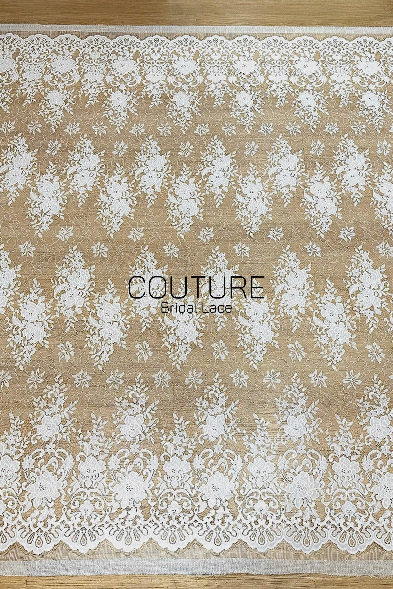 Chantilly Lace: White Dense Jasmine Floral Allover with Baroque Scrolling Cartouche Scalloped Border, 3 Meters
