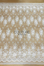 Chantilly Lace: White Dense Jasmine Floral Allover with Baroque Scrolling Cartouche Scalloped Border, 3 Meters