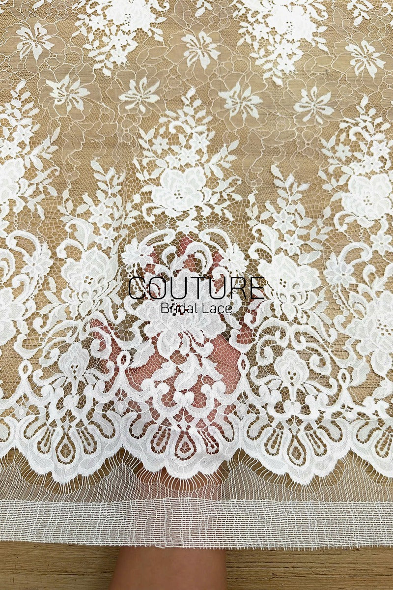 Chantilly Lace: White Dense Jasmine Floral Allover with Baroque Scrolling Cartouche Scalloped Border, 3 Meters