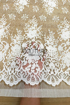 Chantilly Lace: White Dense Jasmine Floral Allover with Baroque Scrolling Cartouche Scalloped Border, 3 Meters