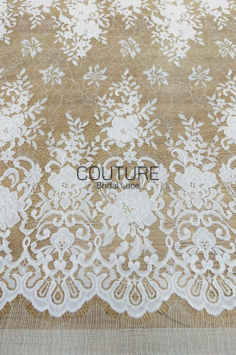 Chantilly Lace: White Dense Jasmine Floral Allover with Baroque Scrolling Cartouche Scalloped Border, 3 Meters