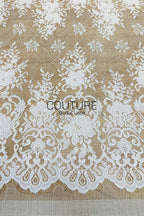 Chantilly Lace: White Dense Jasmine Floral Allover with Baroque Scrolling Cartouche Scalloped Border, 3 Meters