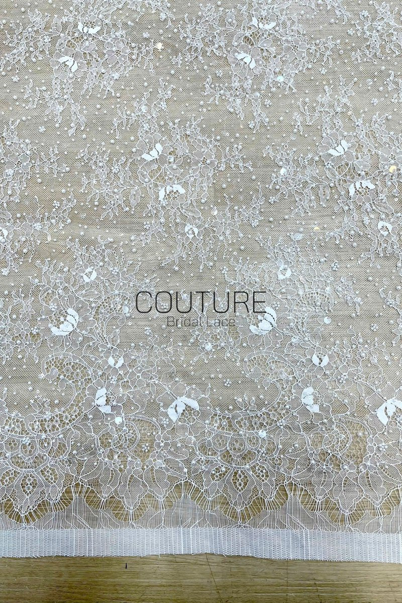 Beaded Chantilly Lace: White Delicate Floral Vine Scrollwork with Ornate Scalloped Floral Medallion Edge, 3 Meters