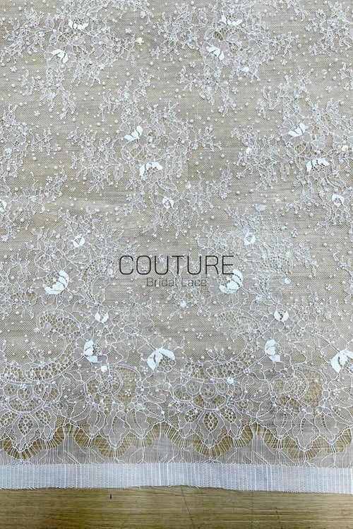 Beaded Chantilly Lace: White Delicate Floral Vine Scrollwork with Ornate Scalloped Floral Medallion Edge, 3 Meters