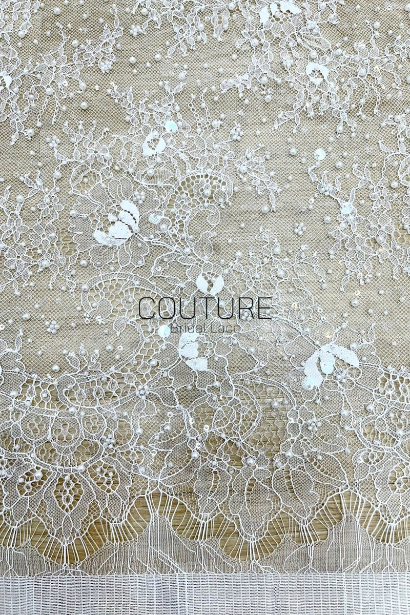 Beaded Chantilly Lace: White Delicate Floral Vine Scrollwork with Ornate Scalloped Floral Medallion Edge, 3 Meters