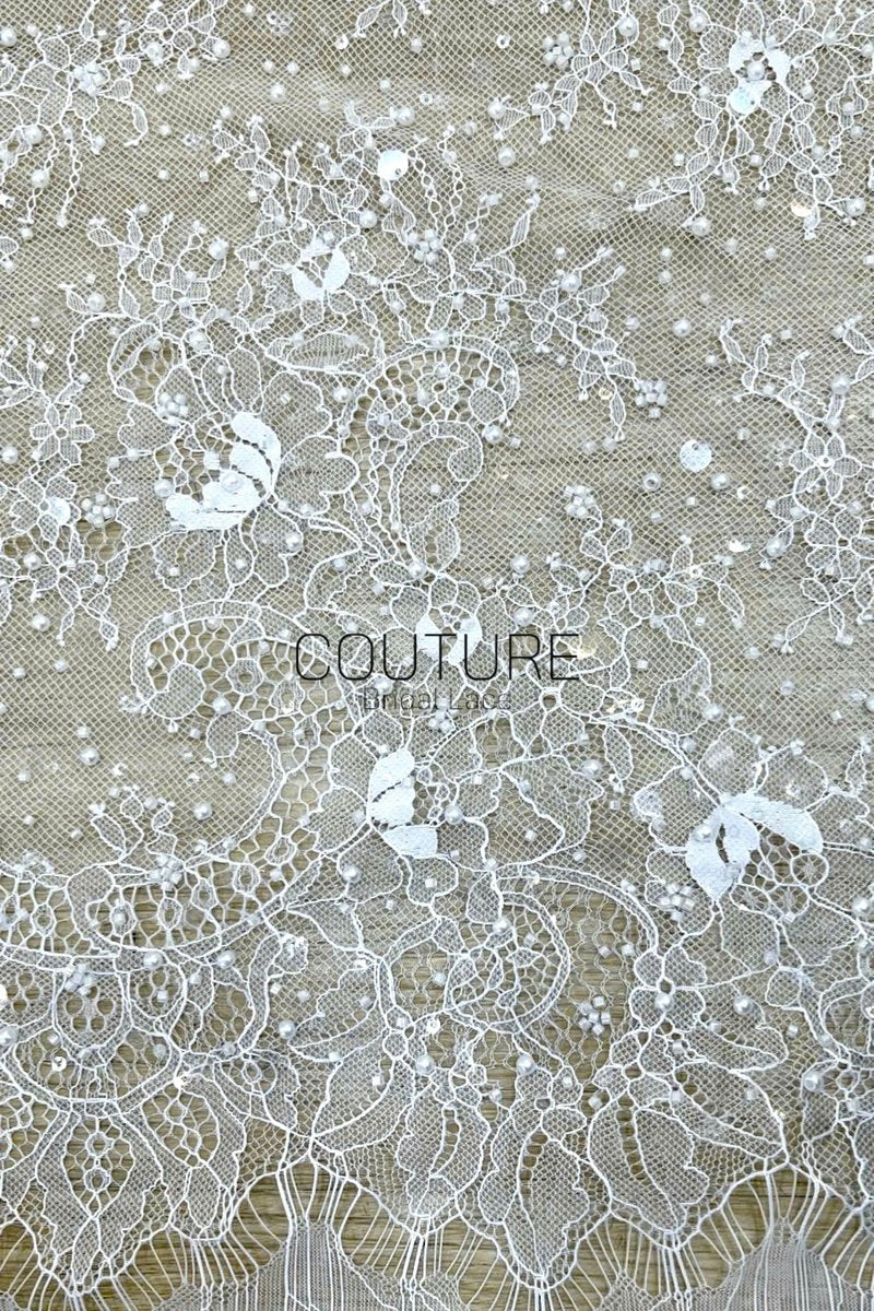 Beaded Chantilly Lace: White Delicate Floral Vine Scrollwork with Ornate Scalloped Floral Medallion Edge, 3 Meters