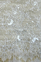 Beaded Chantilly Lace: White Delicate Floral Vine Scrollwork with Ornate Scalloped Floral Medallion Edge, 3 Meters