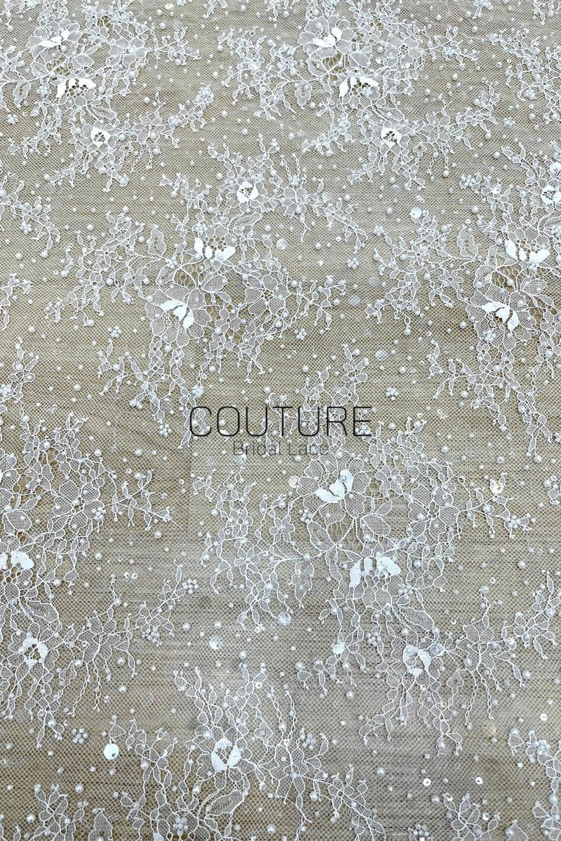 Beaded Chantilly Lace: White Delicate Floral Vine Scrollwork with Ornate Scalloped Floral Medallion Edge, 3 Meters