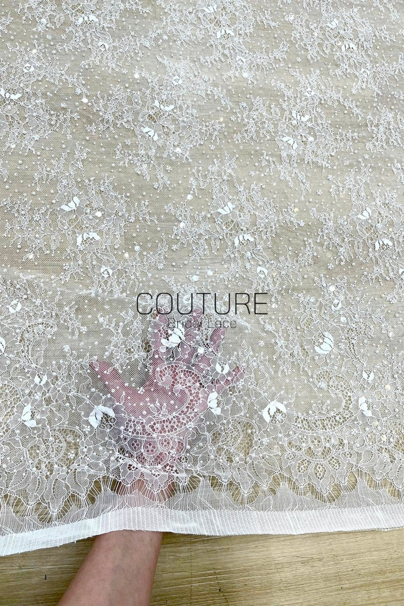 Beaded Chantilly Lace: White Delicate Floral Vine Scrollwork with Ornate Scalloped Floral Medallion Edge, 3 Meters