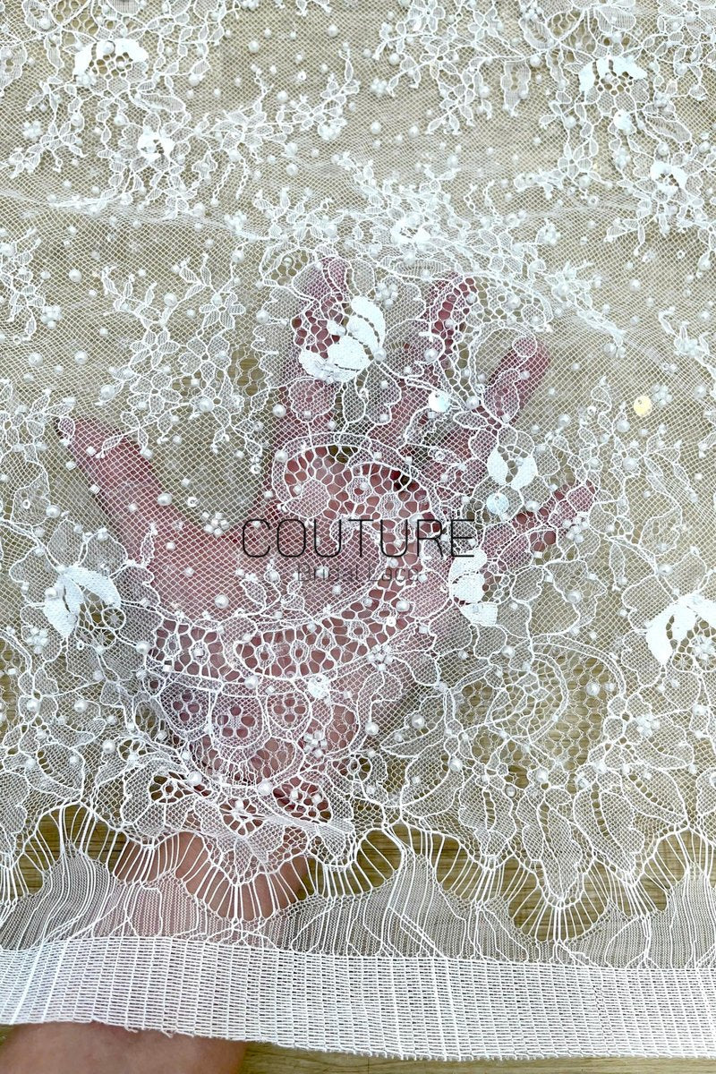 Beaded Chantilly Lace: White Delicate Floral Vine Scrollwork with Ornate Scalloped Floral Medallion Edge, 3 Meters