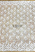Beaded Chantilly Lace: Ivory Floral Bouquet Clusters with Delicate Scalloped Eyelash Lace Edge, 3 Meters