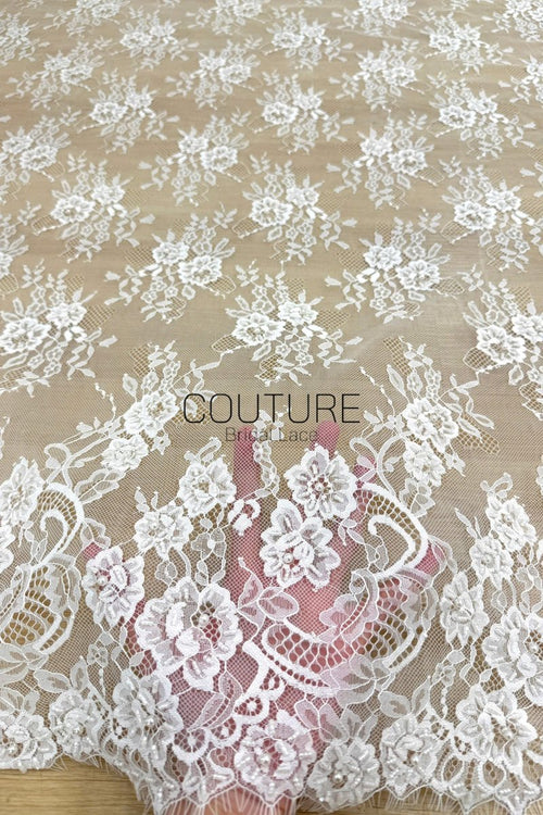 Beaded Chantilly Lace: Ivory Floral Bouquet Clusters with Delicate Scalloped Eyelash Lace Edge, 3 Meters