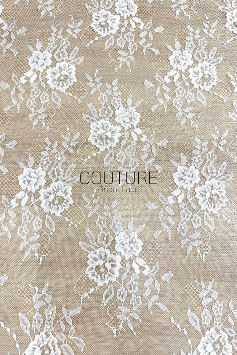 Beaded Chantilly Lace: Ivory Floral Bouquet Clusters with Delicate Scalloped Eyelash Lace Edge, 3 Meters