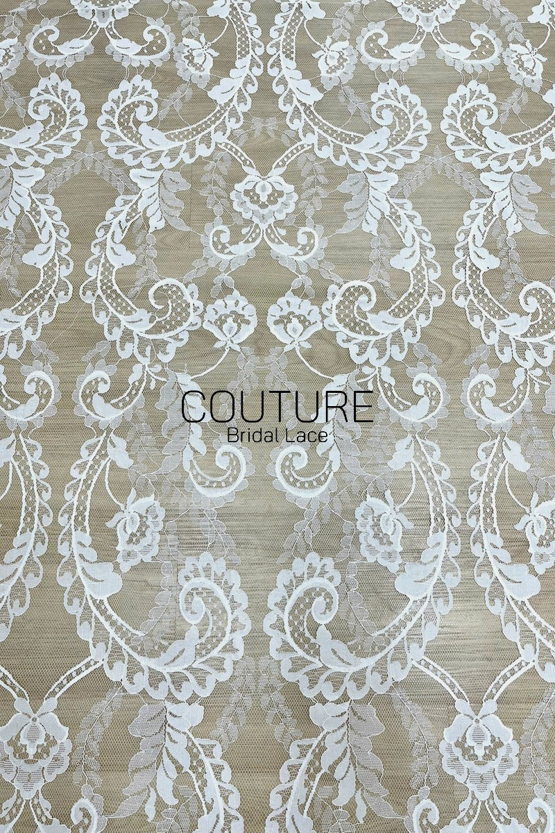 Chantilly Lace: White Allover Baroque Damask Trellis with Medallion Striped Openwork Border, 3 Meters