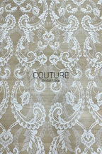 Chantilly Lace: White Allover Baroque Damask Trellis with Medallion Striped Openwork Border, 3 Meters