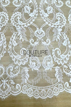 Chantilly Lace: White Allover Baroque Damask Trellis with Medallion Striped Openwork Border, 3 Meters