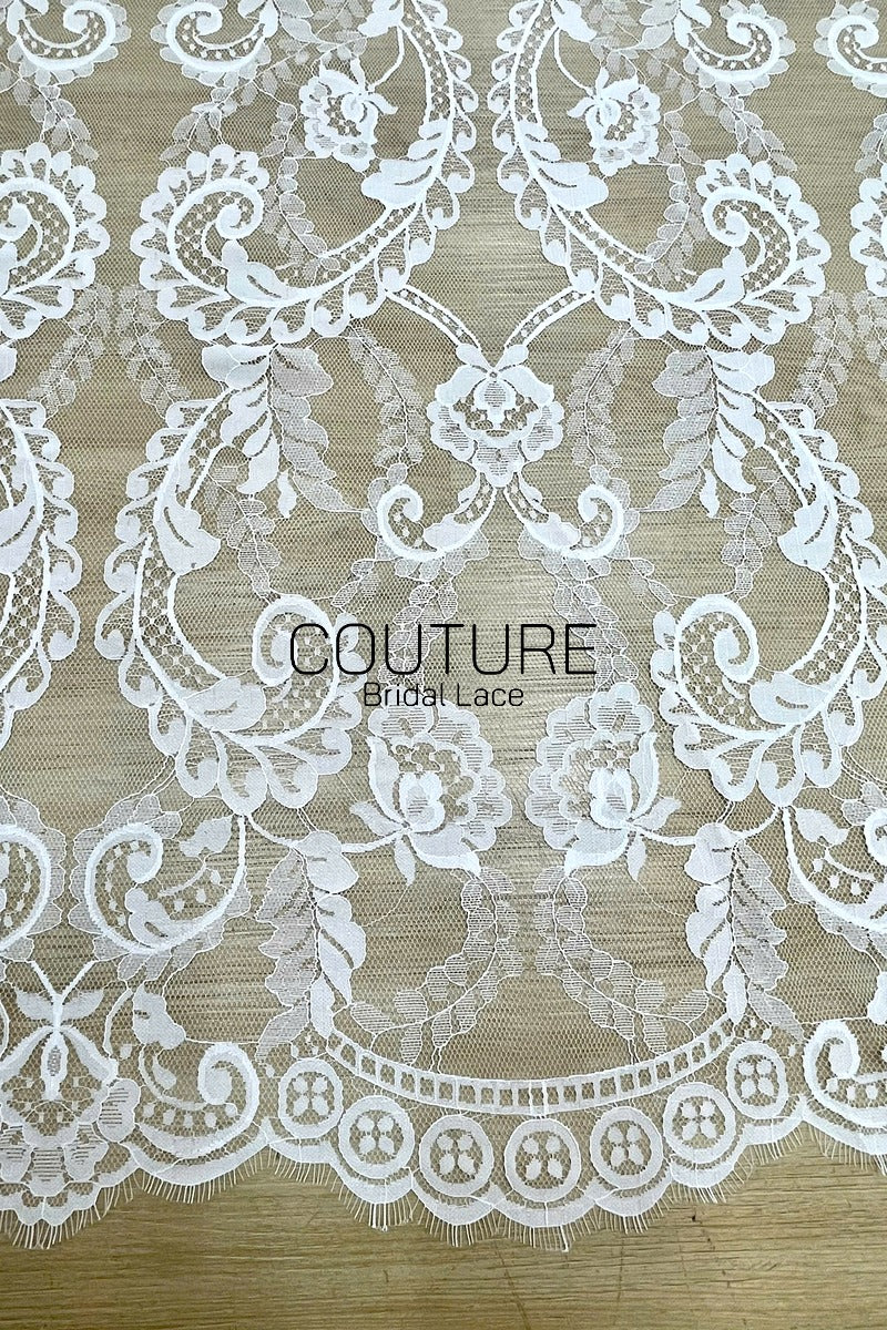 Chantilly Lace: White Allover Baroque Damask Trellis with Medallion Striped Openwork Border, 3 Meters