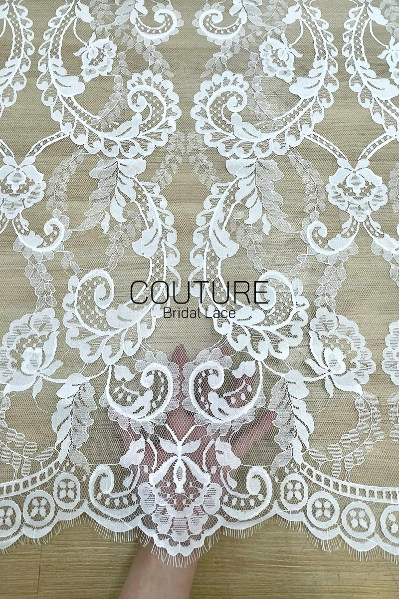 Chantilly Lace: White Allover Baroque Damask Trellis with Medallion Striped Openwork Border, 3 Meters