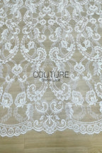 Chantilly Lace: White Allover Baroque Damask Trellis with Medallion Striped Openwork Border, 3 Meters