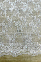 Sequins Chantilly Lace: White Delicate Floral And Leaf Sprigs With Scalloped Floral Eyelash Edge, 3 Meters