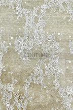 Sequins Chantilly Lace: White Delicate Floral And Leaf Sprigs With Scalloped Floral Eyelash Edge, 3 Meters