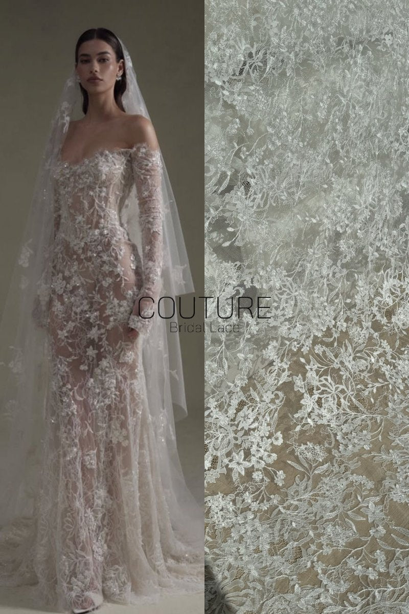 Sequins Chantilly Lace: White Delicate Floral Vine Pattern With Intricate Scalloped Floral Edge, 3 Meters