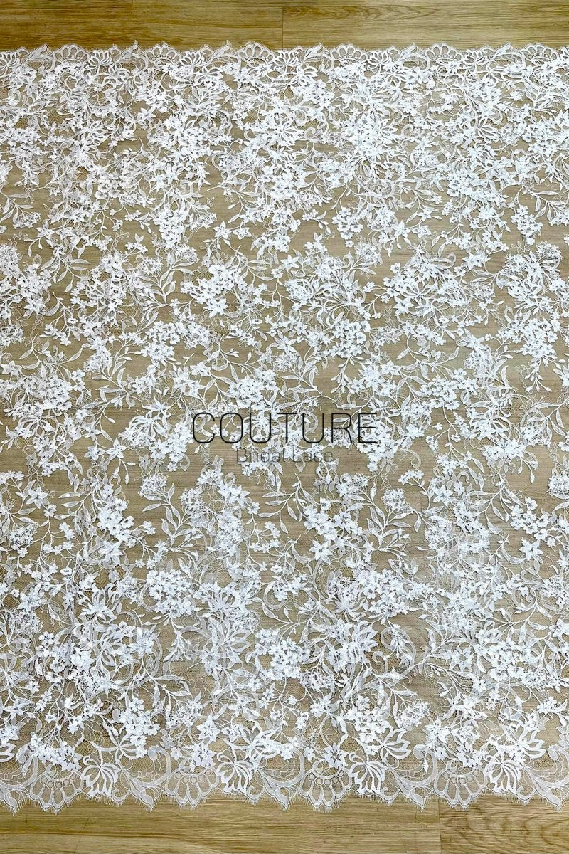 Sequins Chantilly Lace: White Delicate Floral Vine Pattern With Intricate Scalloped Floral Edge, 3 Meters