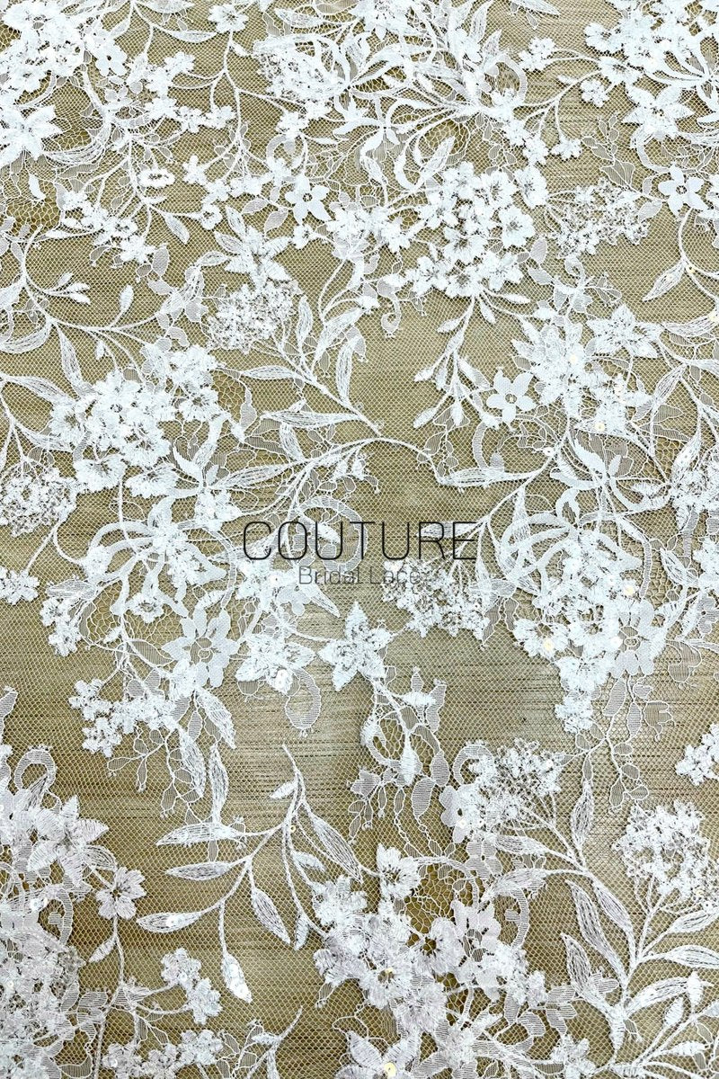 Sequins Chantilly Lace: White Delicate Floral Vine Pattern With Intricate Scalloped Floral Edge, 3 Meters