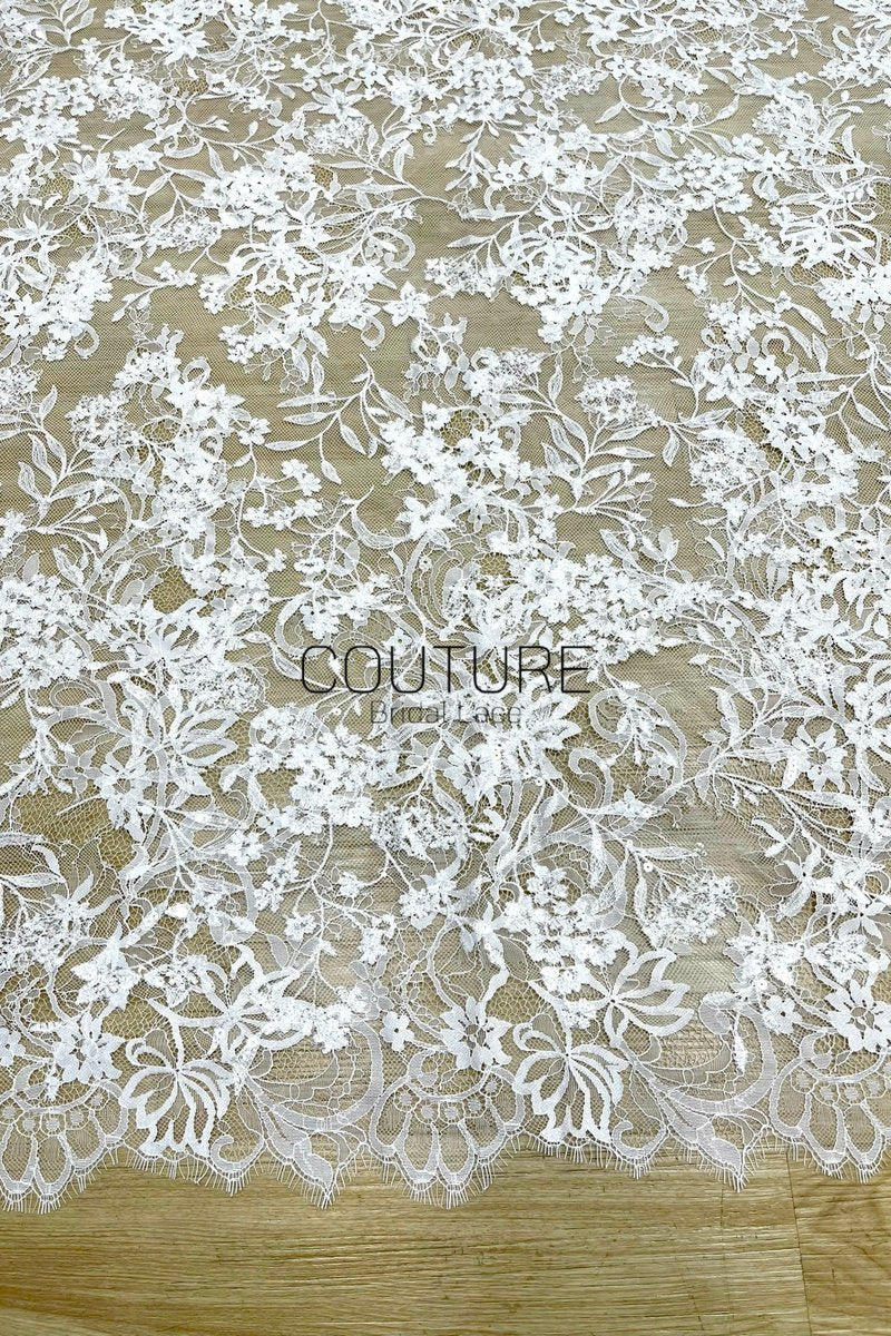 Sequins Chantilly Lace: White Delicate Floral Vine Pattern With Intricate Scalloped Floral Edge, 3 Meters