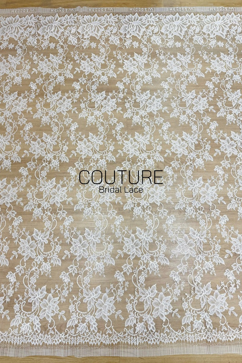 Chantilly Lace: White Large-Scale Scrolling Floral Vine Clusters with Fan Petal Sunflower Border, 3 Meters