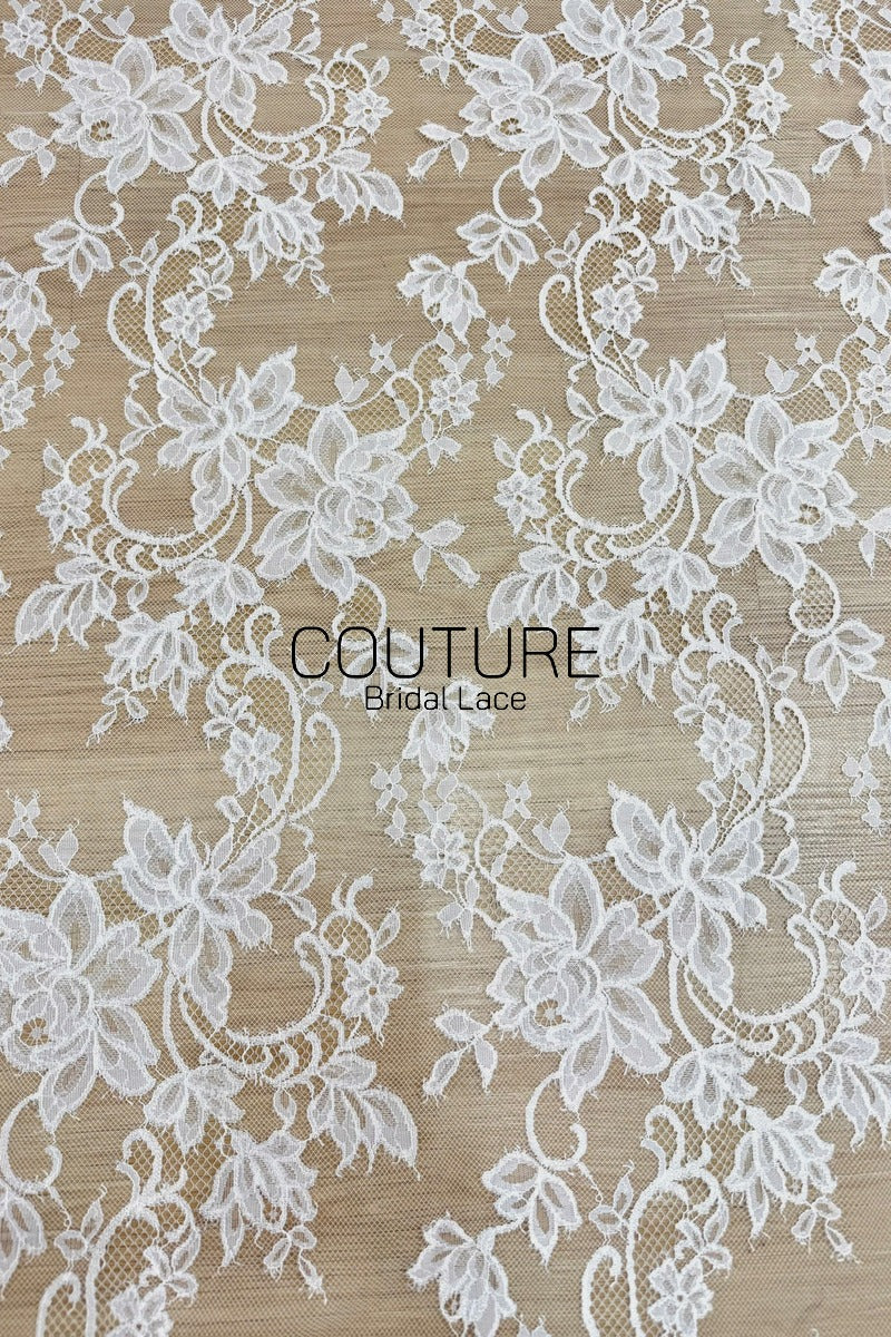 Chantilly Lace: White Large-Scale Scrolling Floral Vine Clusters with Fan Petal Sunflower Border, 3 Meters