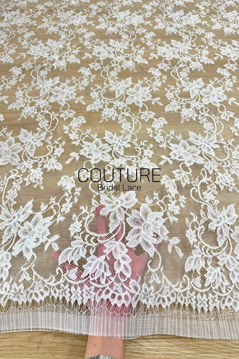 Chantilly Lace: White Large-Scale Scrolling Floral Vine Clusters with Fan Petal Sunflower Border, 3 Meters