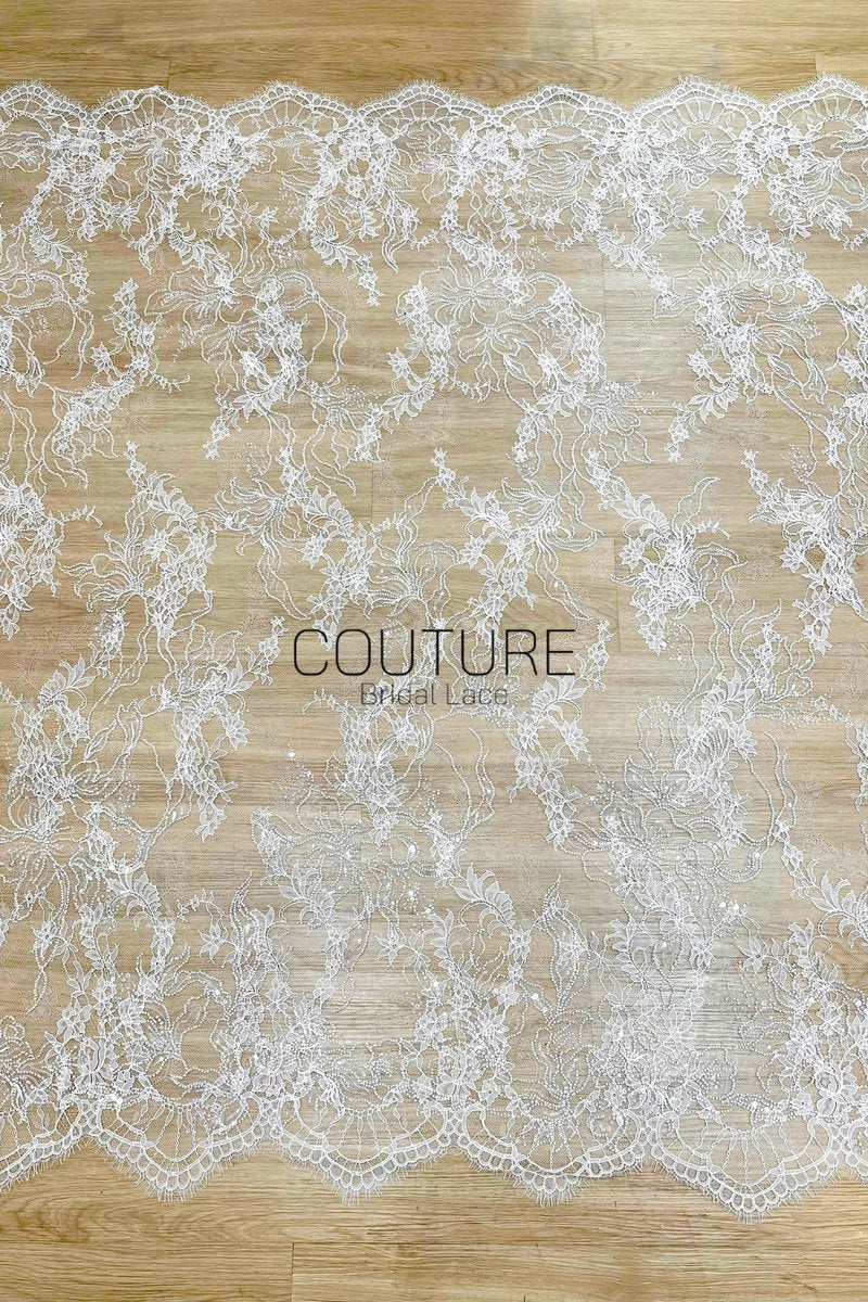 Beaded Chantilly Lace: Ivory Delicate Floral Scrolling Vines with Ornate Scalloped Eyelash Fringe Border Edge, 3 Meters
