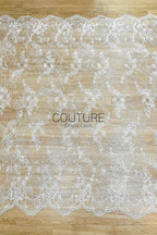 Beaded Chantilly Lace: Ivory Delicate Floral Scrolling Vines with Ornate Scalloped Eyelash Fringe Border Edge, 3 Meters