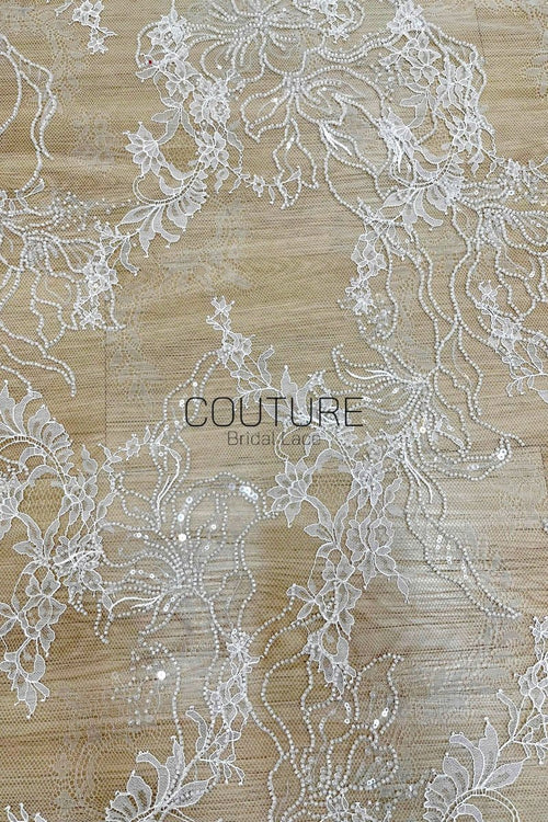 Beaded Chantilly Lace: Ivory Delicate Floral Scrolling Vines with Ornate Scalloped Eyelash Fringe Border Edge, 3 Meters