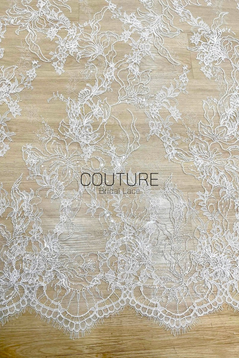 Beaded Chantilly Lace: Ivory Delicate Floral Scrolling Vines with Ornate Scalloped Eyelash Fringe Border Edge, 3 Meters