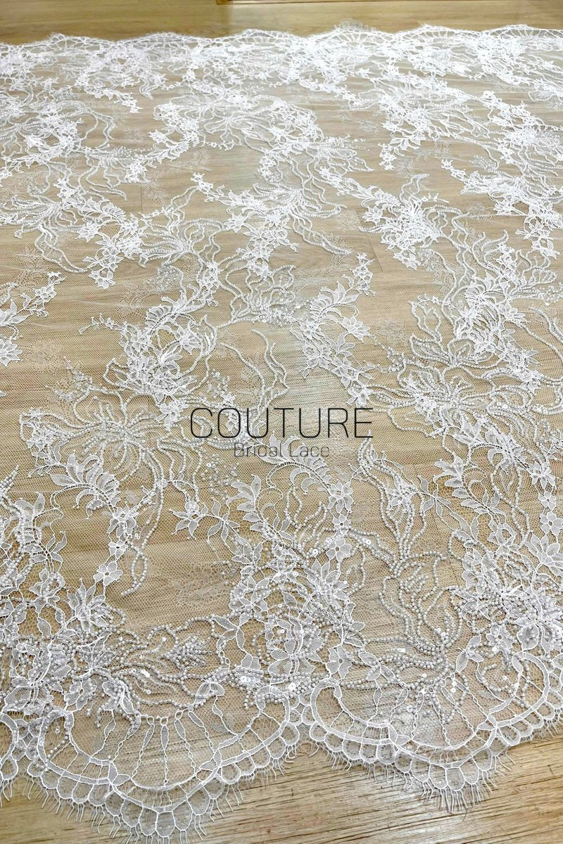 Beaded Chantilly Lace: Ivory Delicate Floral Scrolling Vines with Ornate Scalloped Eyelash Fringe Border Edge, 3 Meters
