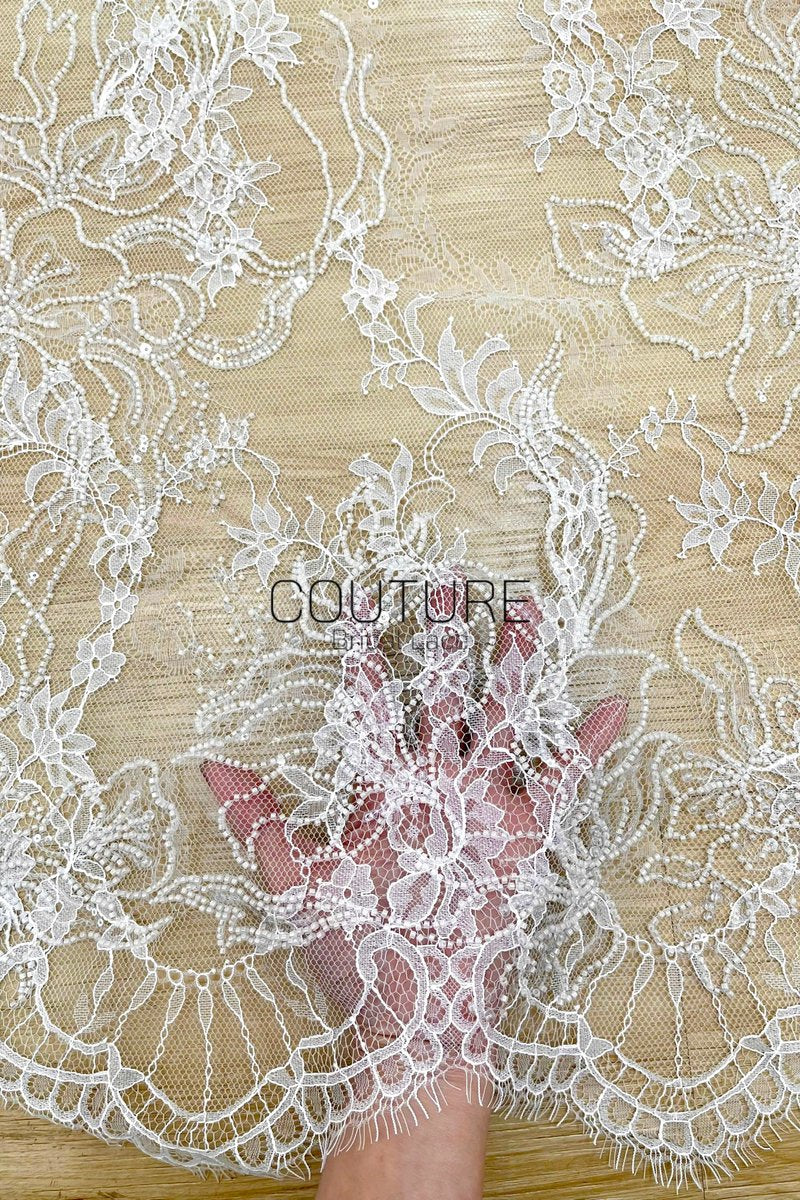 Beaded Chantilly Lace: Ivory Delicate Floral Scrolling Vines with Ornate Scalloped Eyelash Fringe Border Edge, 3 Meters