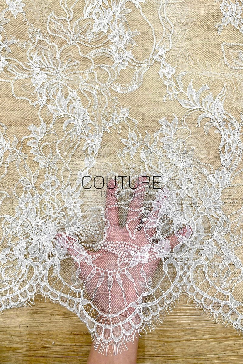 Beaded Chantilly Lace: Ivory Delicate Floral Scrolling Vines with Ornate Scalloped Eyelash Fringe Border Edge, 3 Meters