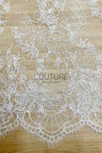 Beaded Chantilly Lace: Ivory Delicate Floral Scrolling Vines with Ornate Scalloped Eyelash Fringe Border Edge, 3 Meters