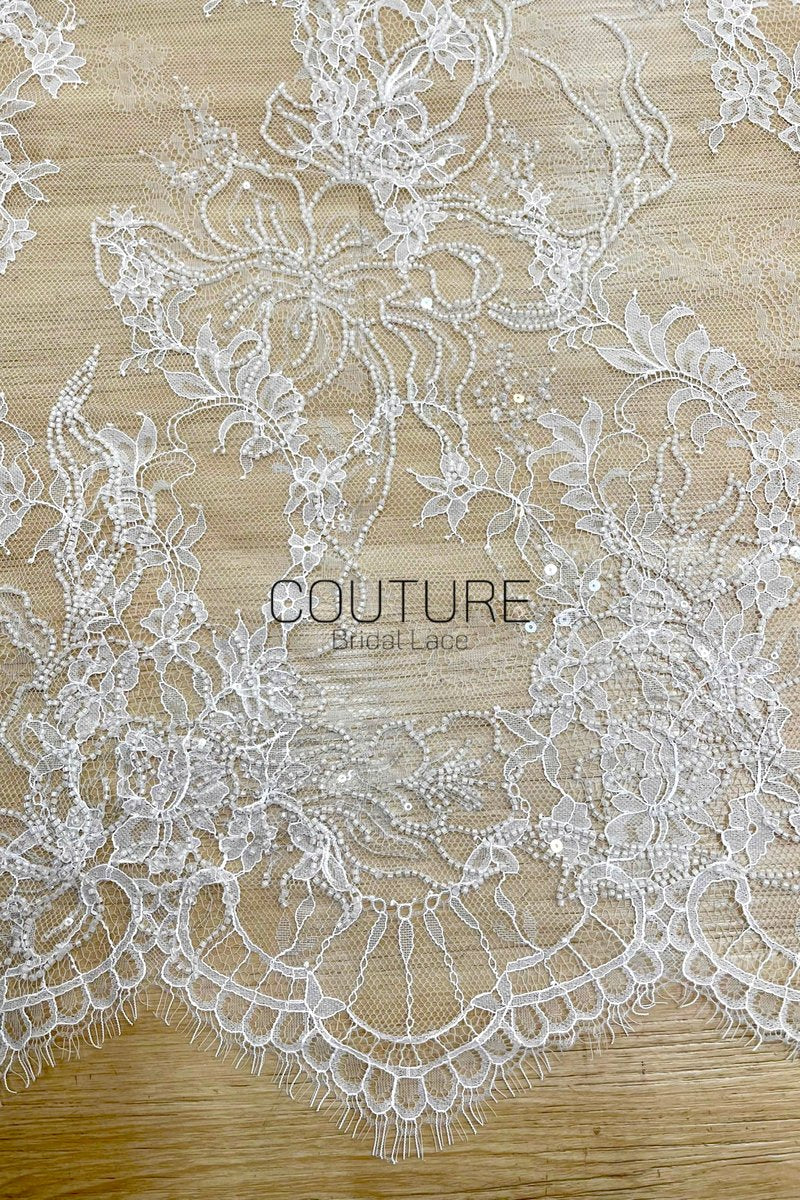 Beaded Chantilly Lace: Ivory Delicate Floral Scrolling Vines with Ornate Scalloped Eyelash Fringe Border Edge, 3 Meters