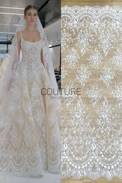 Beaded Chantilly Lace: Ivory Floral Vine Botanical with Ornate Scalloped Lace Trim Edge, 3 Meters