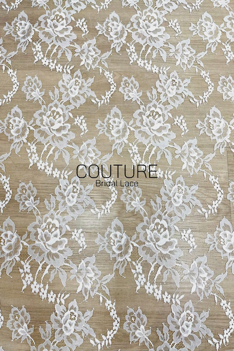 Chantilly Lace: White Scattered Large Rose Clusters with Broad Leaves and Double Loop Scalloped Border, 3 Meters