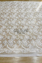Chantilly Lace: White Scattered Large Rose Clusters with Broad Leaves and Double Loop Scalloped Border, 3 Meters