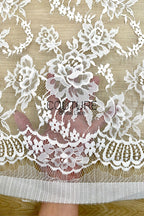 Chantilly Lace: White Scattered Large Rose Clusters with Broad Leaves and Double Loop Scalloped Border, 3 Meters