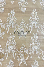 Chantilly Lace: White Ribbon Bow Floral Bouquet Grid with Ornate Arch Openwork Border, 3 Meters