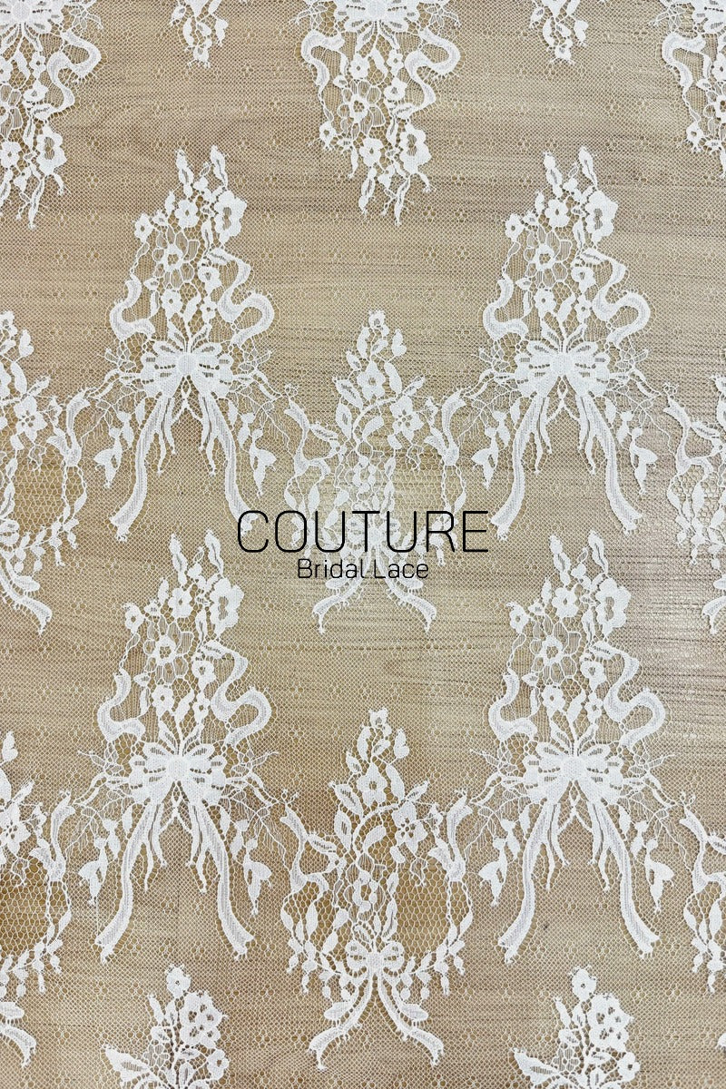 Chantilly Lace: White Ribbon Bow Floral Bouquet Grid with Ornate Arch Openwork Border, 3 Meters